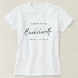 Bachelorette | Minimalist Script Modern Bridesmaid T-Shirt<br><div class="desc">This Bachelorette Party custom design features a handwritten script typography. You can easily personalize the bride-to-be's name,  year,  bridemaid's name or your own custom message! The perfect elegant accessory for a bachelorette party or bachelorette weekend!</div>