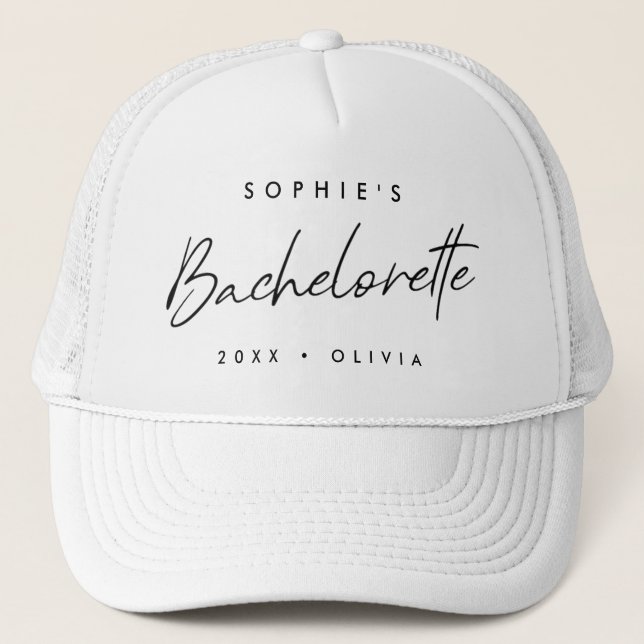 Bachelorette | Minimalist Script Modern Bridesmaid Trucker Hat (Front)