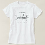 Bachelorette | Modern Minimalist Script Bridesmaid T-Shirt<br><div class="desc">This Bachelorette Party custom design features a handwritten script typography. You can easily personalize the bride-to-be's name,  date,  bridemaid's name or your custom message! The perfect elegant accessory for a bachelorette party or bachelorette weekend!</div>