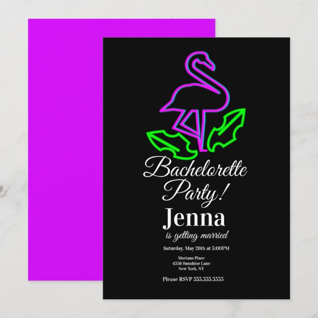 Bachelorette Neon Flamingo Tropical Bridal Shower Invitation (Front/Back)