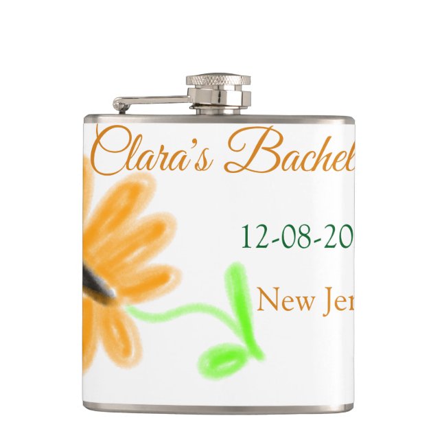 Bachelorette party add name date place sunflower  flask (Front)