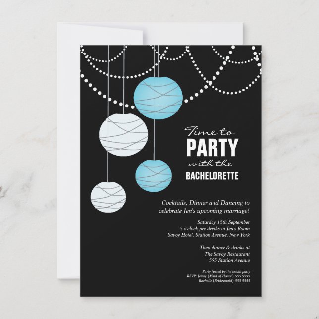 Bachelorette Party Aqua Blue Paper Lanterns Invite (Front)