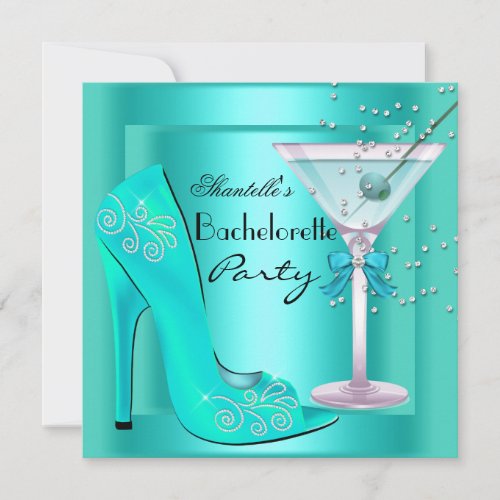 Bachelorette Party Aqua Teal Blue Martini Shoes Invitation