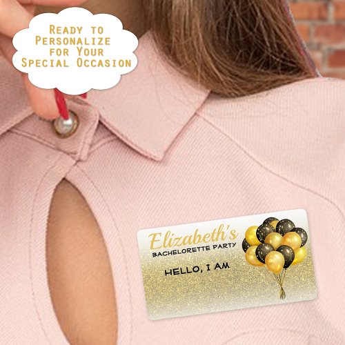 Bachelorette Party Balloons Gold Glitter Name Tags