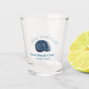 Bachelorette party beach club blue sea shell name shot glass