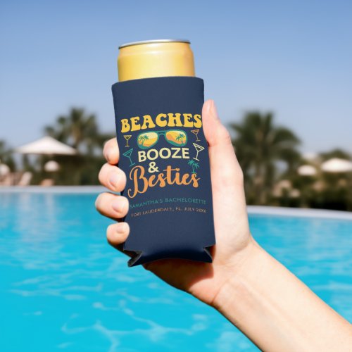 Bachelorette Party Beaches Booze Besties Custom Seltzer Can Cooler