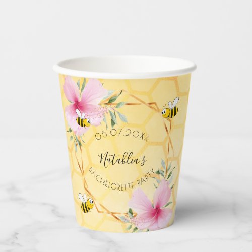 Bachelorette party bees pink flowers honeycomb paper cups