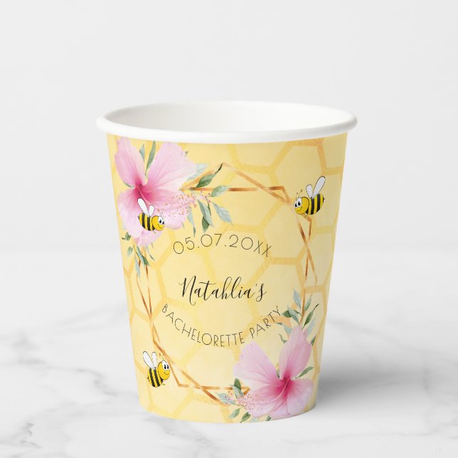 Bachelorette party bees pink flowers honeycomb paper cups (Front)