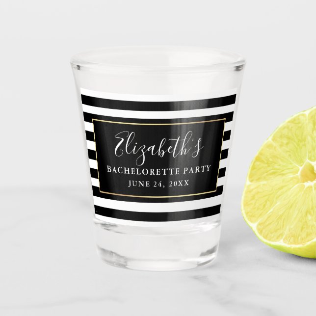 Bachelorette Party Black and White Stripes Shot Glass (Front)