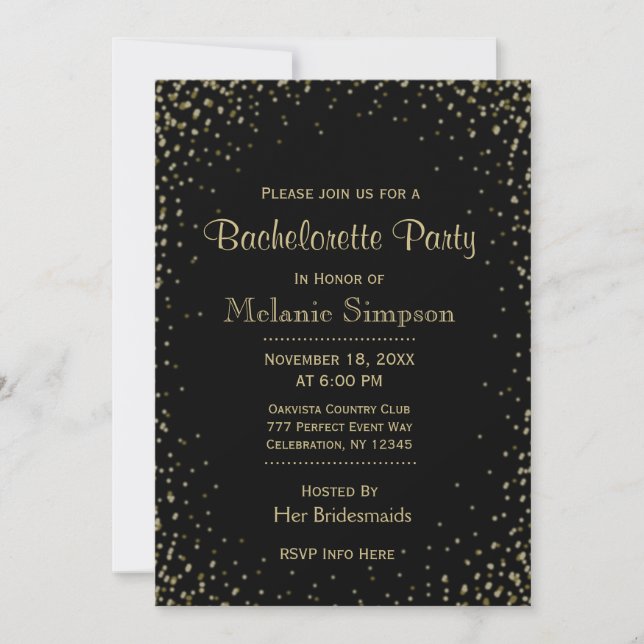 Bachelorette Party | Black Gold Confetti Invitation (Front)