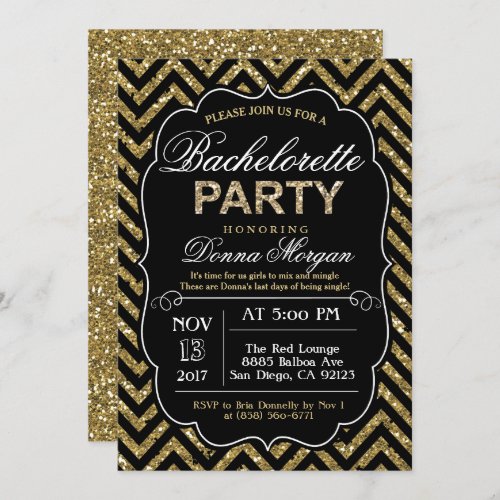 Bachelorette Party Black  Gold Glitter Invitation