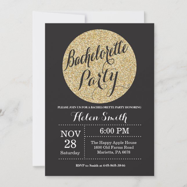 Bachelorette Party Black Gold Glitter Invitation (Front)