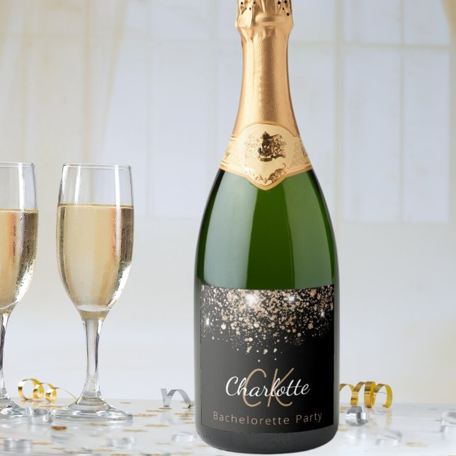 Bachelorette Party black gold glitter monogram Sparkling Wine Label (Creator Uploaded)