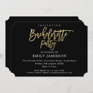 Bachelorette Party Black Gold Script Typography Invitation