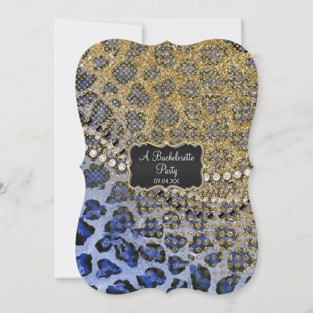 Bachelorette Party Blue Gold Leopard Animal Print Invitation (Front)