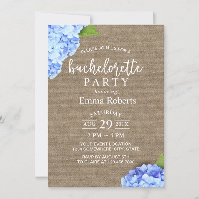 Bachelorette Party Blue Hydrangea Rustic Burlap Invitation (Front)