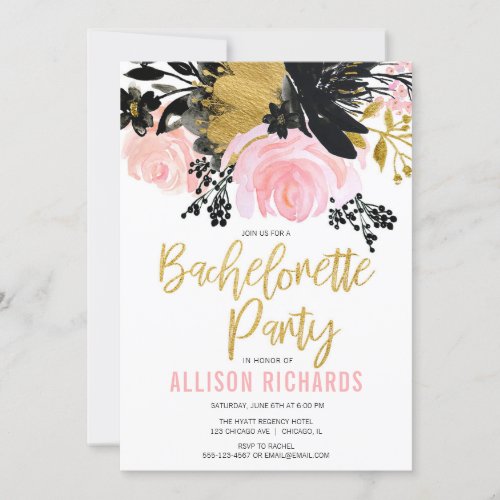 Bachelorette party blush pink black gold floral invitation
