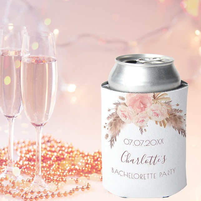 Bachelorette party blush rose floral pampas grass can cooler (Creator Uploaded)