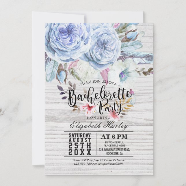 Bachelorette Party Boho Floral Feather Rustic Wood Invitation (Front)