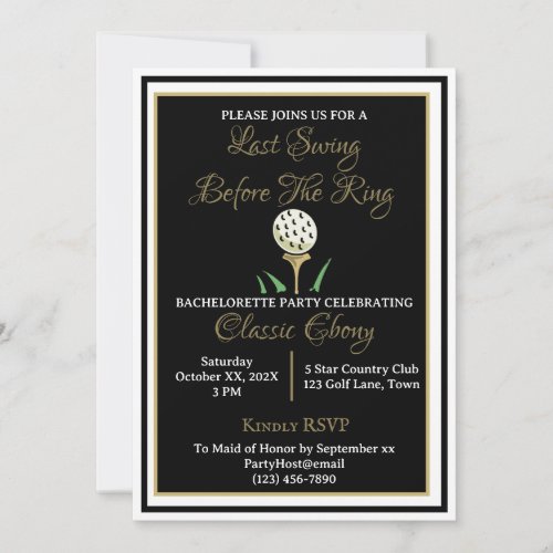 Bachelorette Party Bridal Shower Golf Black Gold Invitation