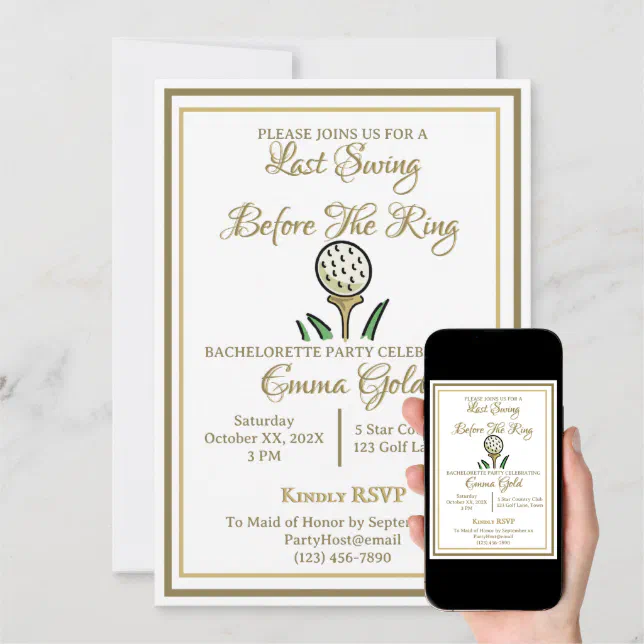 Bachelorette Party Bridal Shower Golf Gold & White Invitation Zazzle