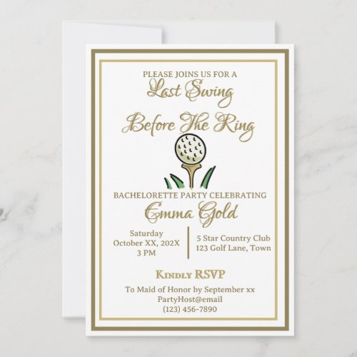 Bachelorette Party Bridal Shower Golf Gold  White Invitation