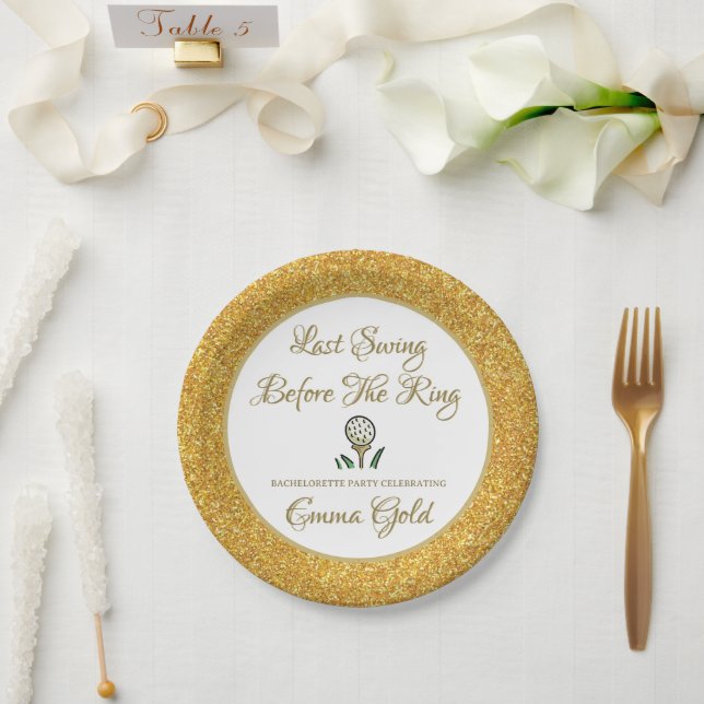 Bachelorette Party Bridal Shower Golf Gold & White Paper Plates (Wedding)