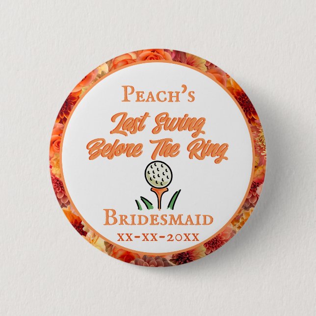 Bachelorette Party Bridal Shower Golf Peach Orange Button (Front)