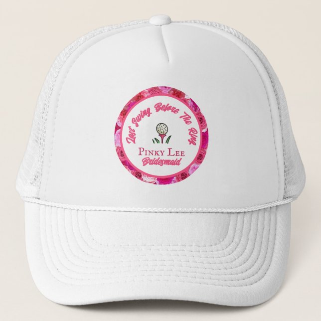 Bachelorette Party Bridal Shower Golf Pink Floral Trucker Hat (Front)