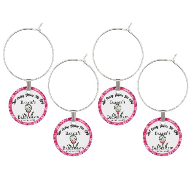 Bachelorette Party Bridal Shower Golf Pink Floral Wine Charm (Staggered)