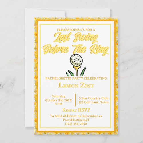 Bachelorette Party Bridal Shower Golf Yellow White Invitation