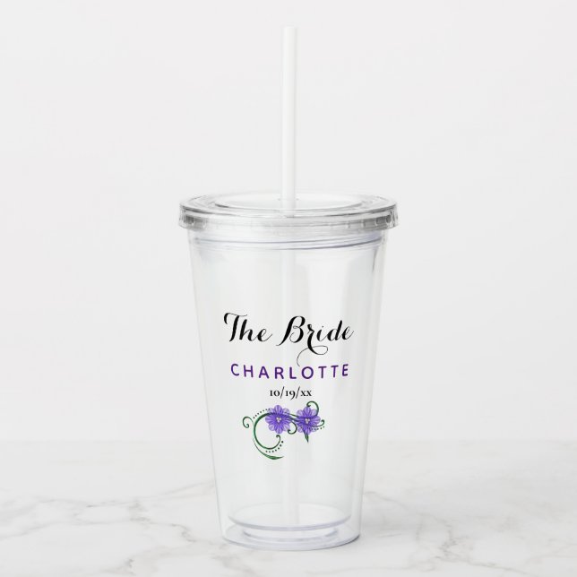 Bachelorette Party Bride Wedding Purple Flowers Acrylic Tumbler (Front)