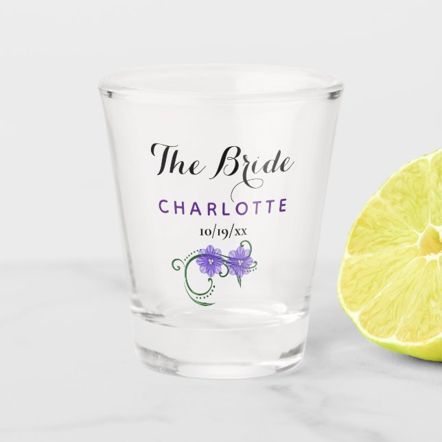 Bachelorette Party Bride Wedding Purple Flowers Shot Glass (Front)