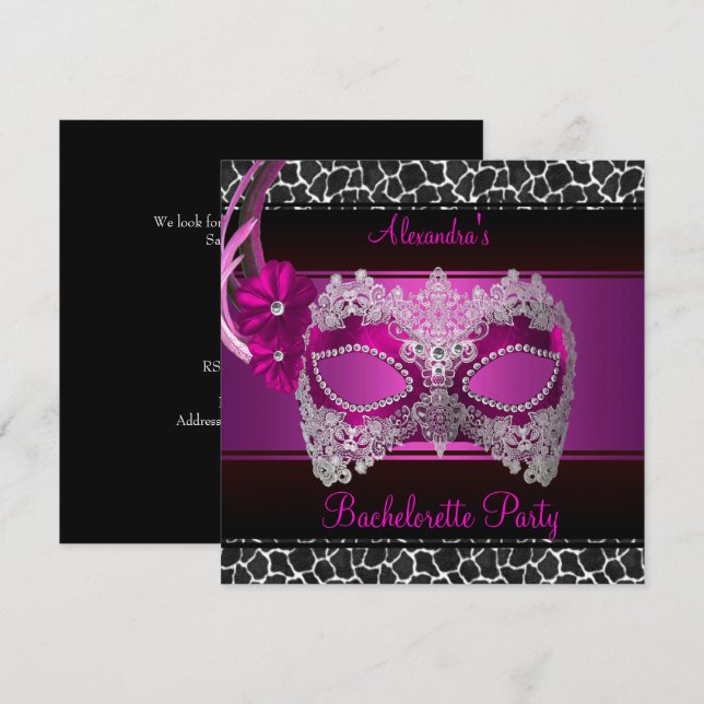 Bachelorette Party Bright Pink Mask Black White Invitation (Front/Back)