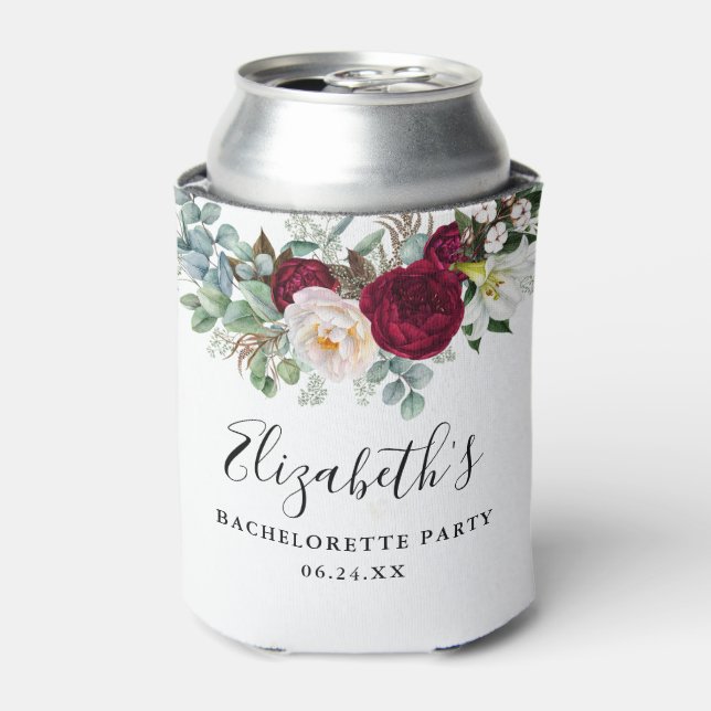 Bachelorette Party Burgundy Floral Greenery Can Cooler (Can Front)