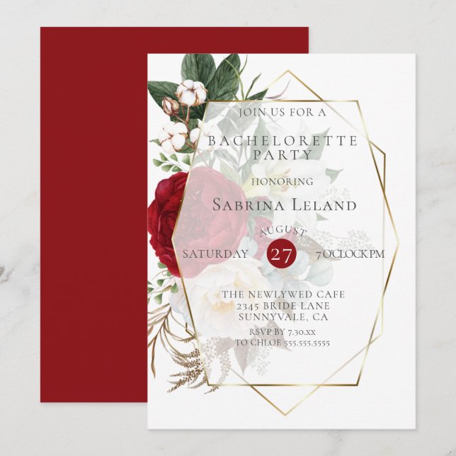 Bachelorette Party | Burgundy Ivory Peonies Invitation (Front/Back)