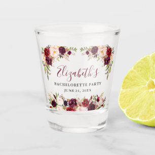 Bachelorette Party Burgundy Watercolor Floral Shot Glass