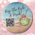 Bachelorette Party Buy Bride A Drink Button<br><div class="desc">Cute Beach Cocktail Bachelorette Party Weekend button with a buy the bride a drink customizable QR code. A cool watercolor beach theme with shades of pink and teal, setting the vibe for a beach escape with the bride and her besties. From trips to Florida, California, or even something more international...</div>