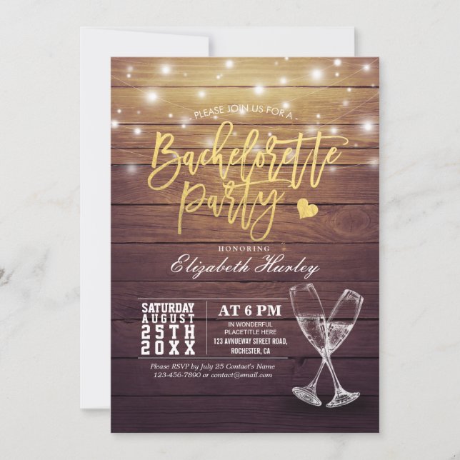 Bachelorette Party Champagne Glasses Wood Lights Invitation (Front)