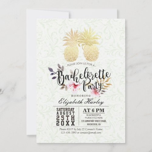 Bachelorette Party Chic Gold Foil Pineapple Couple Invitation