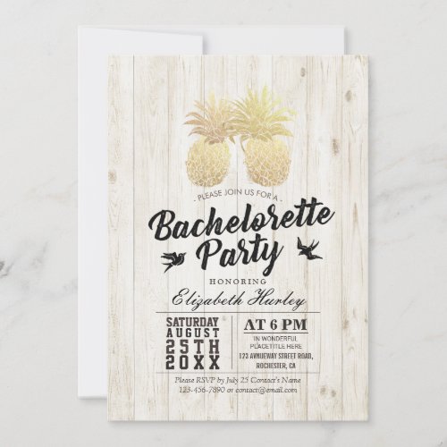 Bachelorette Party Chic Gold Pineapple Couple Wood Invitation