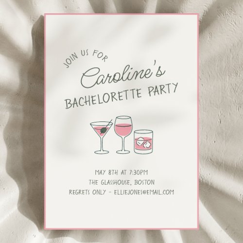 Bachelorette Party Cocktail Pink Illustration Cute Invitation