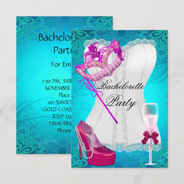 Bachelorette Party Corset Teal Pink Shoes mask Invitation (Front/Back)