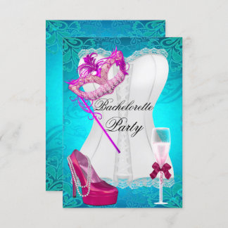 Bachelorette Party Corset Teal Pink Shoes mask Invitation