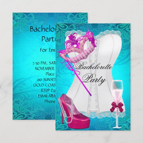 Bachelorette Party Corset Teal Pink Shoes mask Personalized Invite