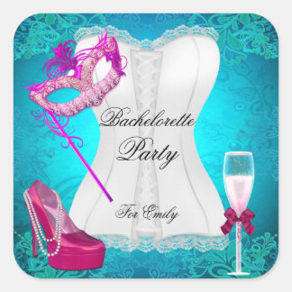 Bachelorette Party Corset Teal Pink Shoes mask Square Sticker