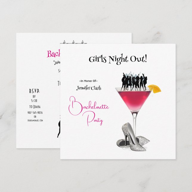 Bachelorette Party Dancing on Martini Glass  Invitation (Front/Back)