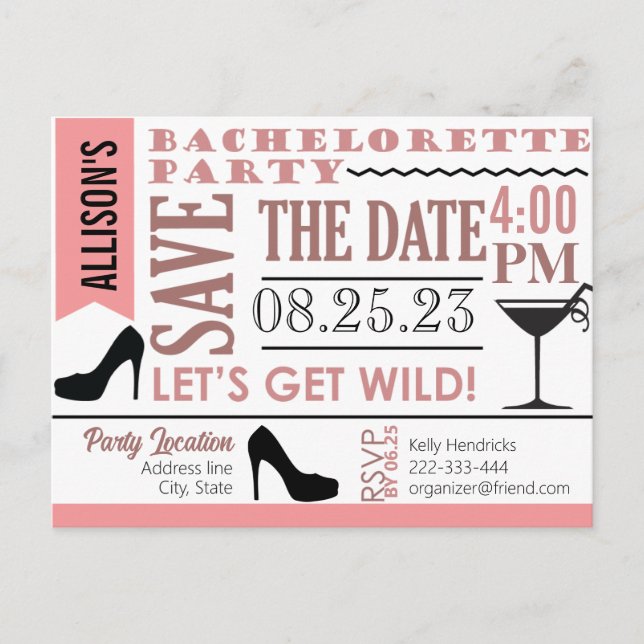 Bachelorette party design Invitation Postcard (Front)