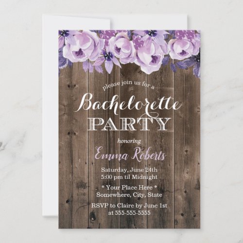 Bachelorette Party Elegant Purple Floral Barn Wood Invitation