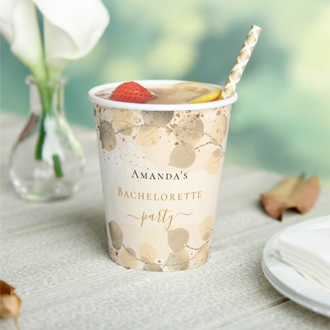Bachelorette party eucalyptus golden glitter name paper cups (Insitu)
